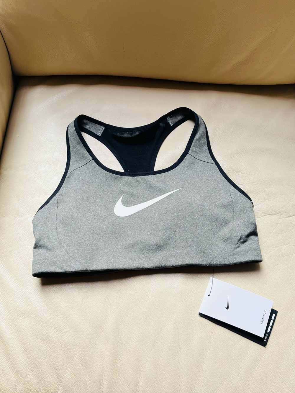 Nike Gray and Black Racerback Sports Bra with White Swoosh